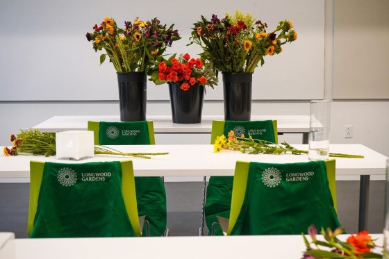 An empty classroom with green aprons draped on chairs and buckets of flowers on a front table.